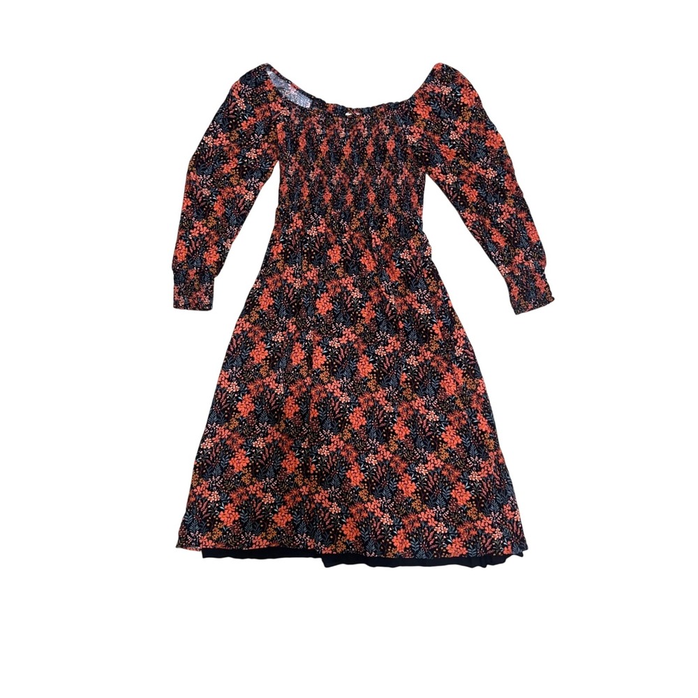 Boho Floral Cotttagecore Smocked Midi Dress Long Sleeve Off The Shoulder -S